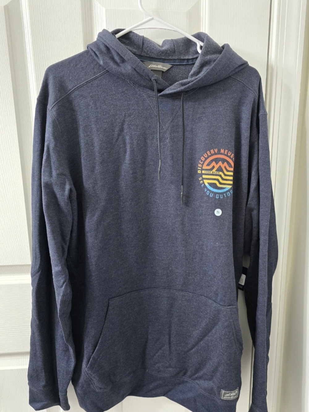 NWT Eddie Bauer Navy Hooded Pullover with Sunset Crest Large Tall